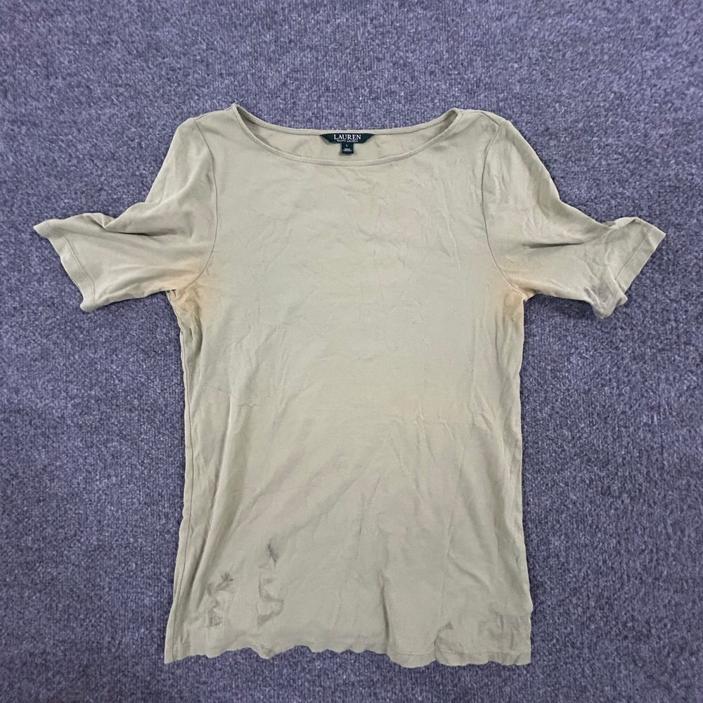 Lauren Ralph Lauren Shirt Womens Size L Olive Green Boat Neck Short Sleeve Stain